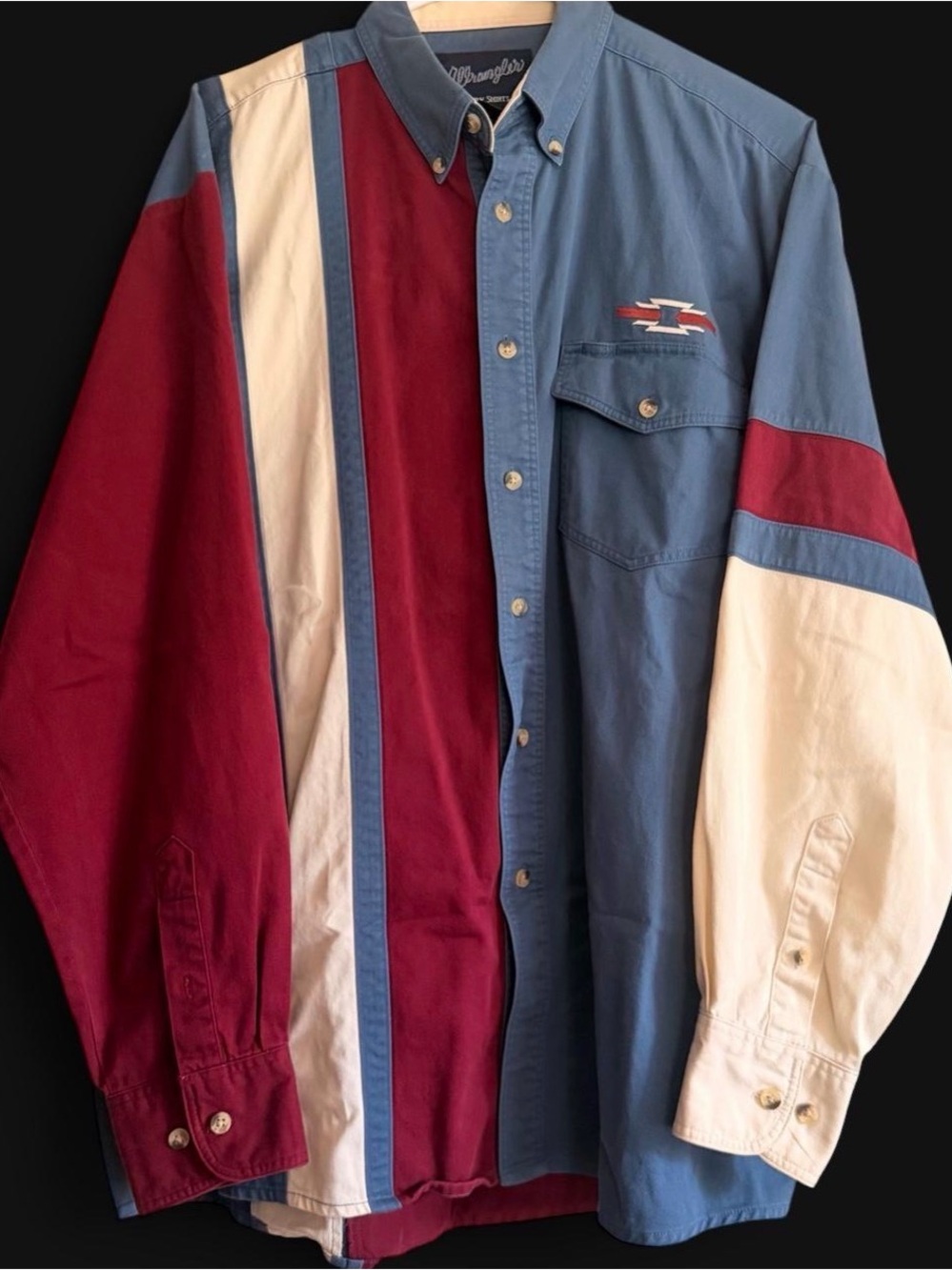 Vintage 90’s Wrangler Colorblock Button-Up Shirt Jacket in Blue, Maroon & White